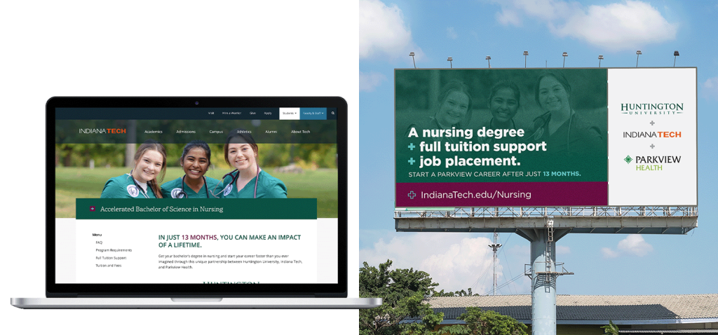 Landing page and outdoor billboard created for Indiana Tech's, Huntington University's and Parkview Health's new nursing program.