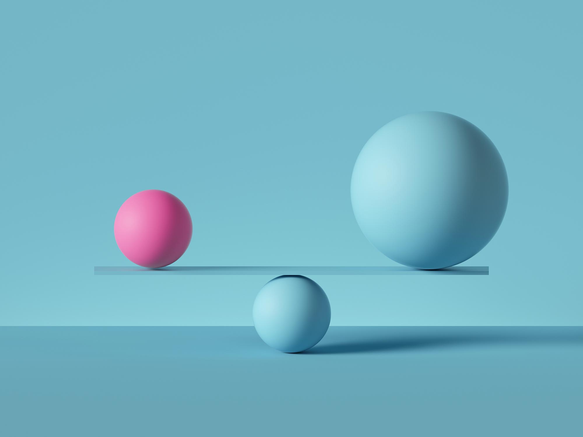 balancing blue and pink balls placed on scales or weigher, isolated on blue background