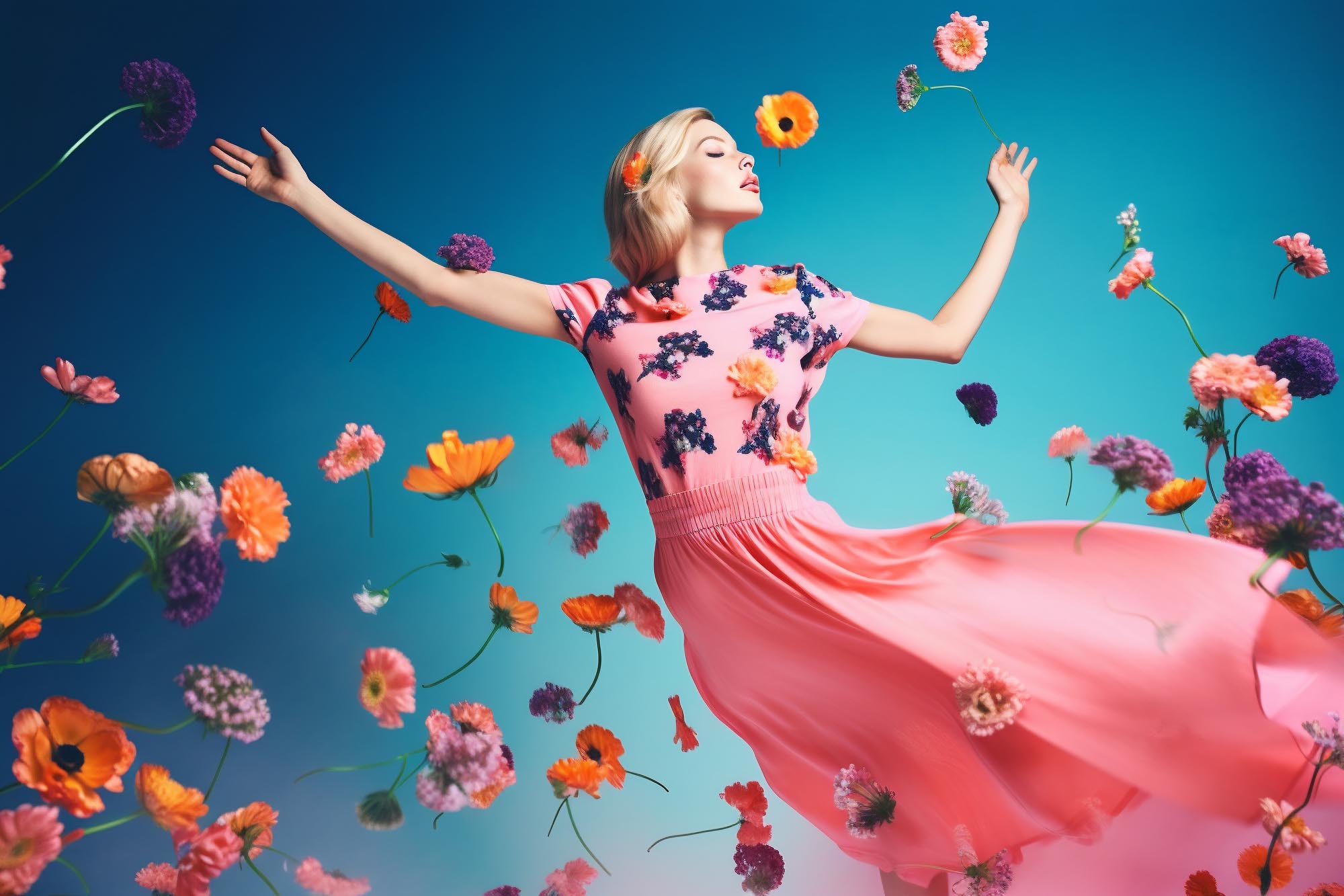 woman flower art flying beauty colorful falling fashion pink spring peony flowers