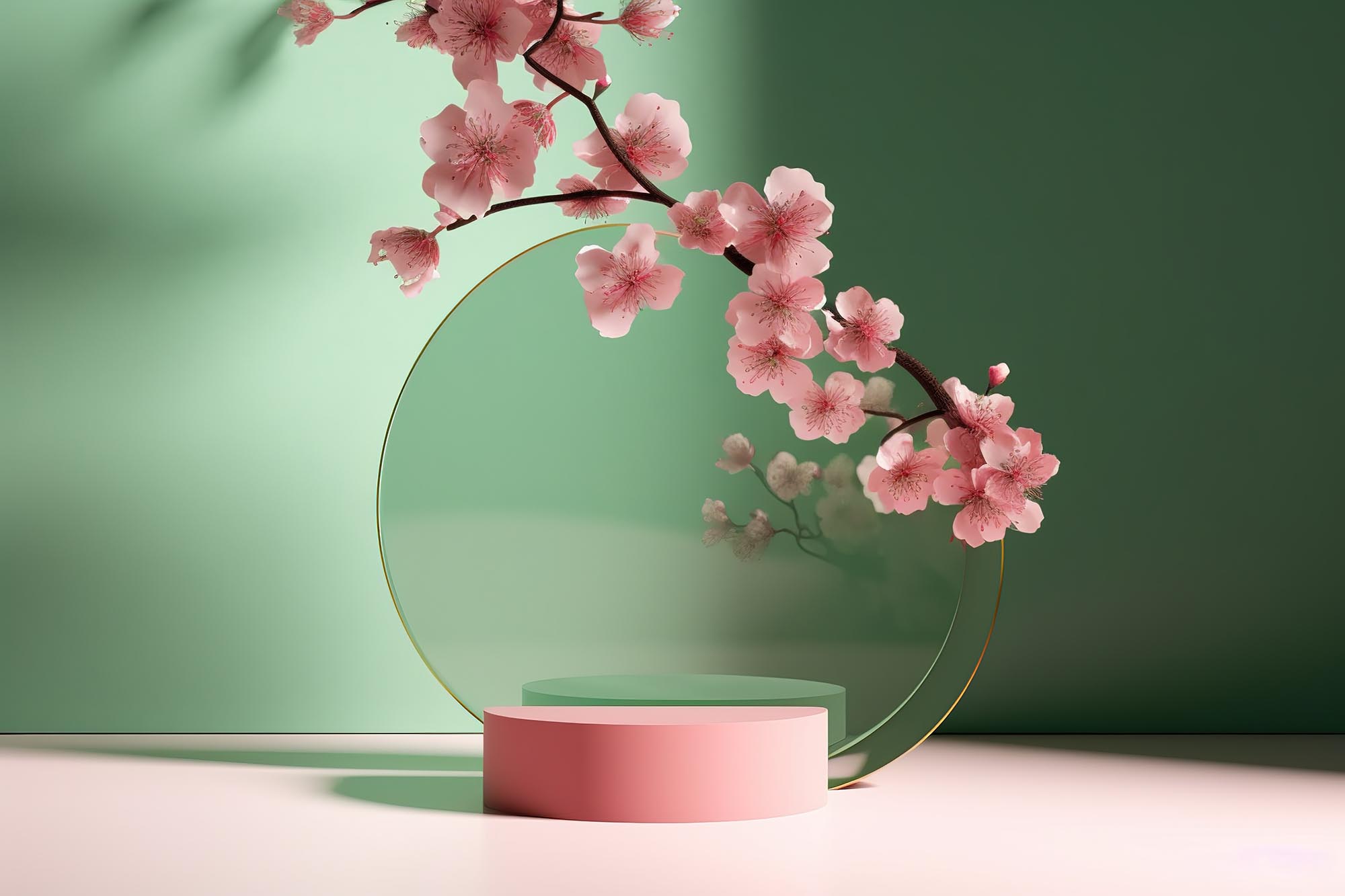 green podium round display sakura pink flower tree branch shadow