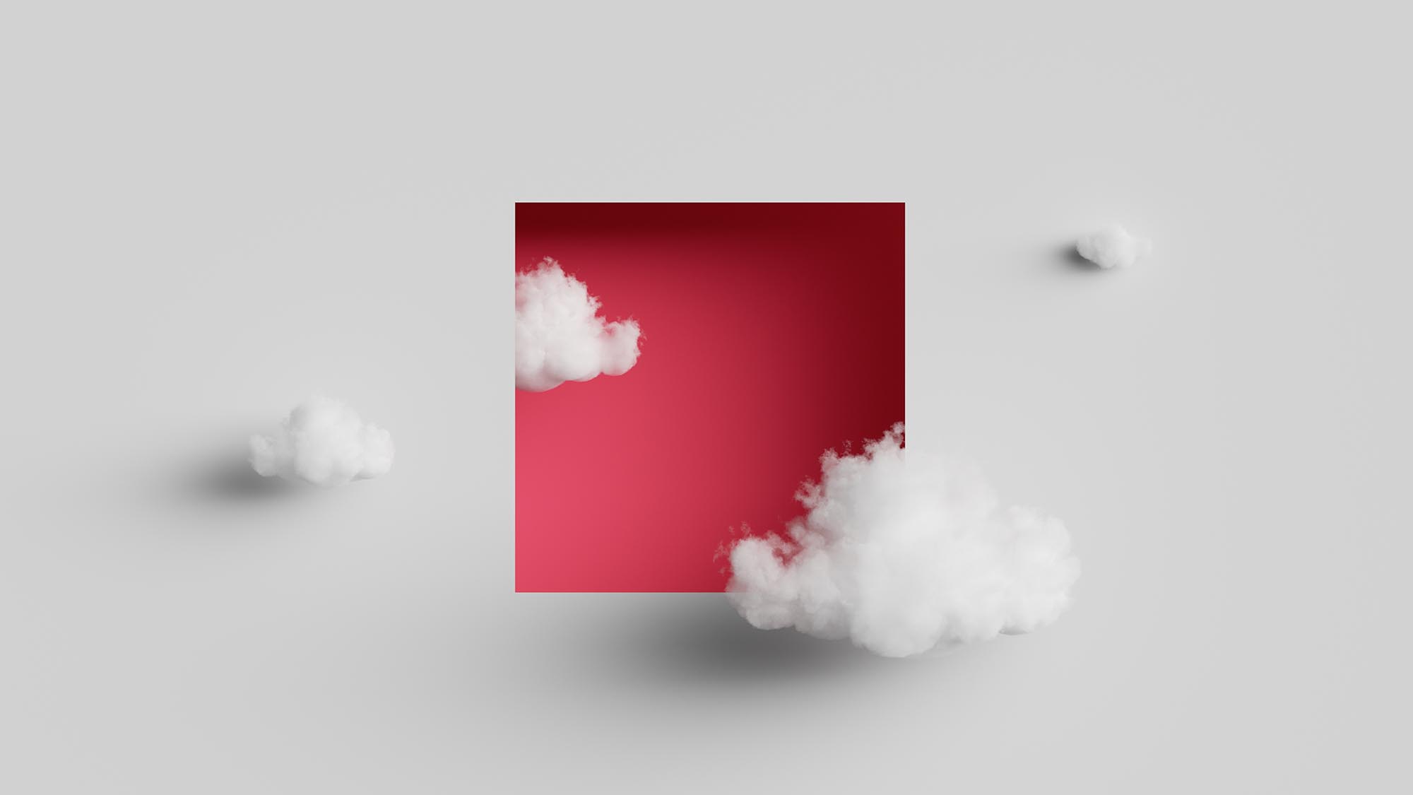 Flying realistic clouds. Red square hole on the white wall.