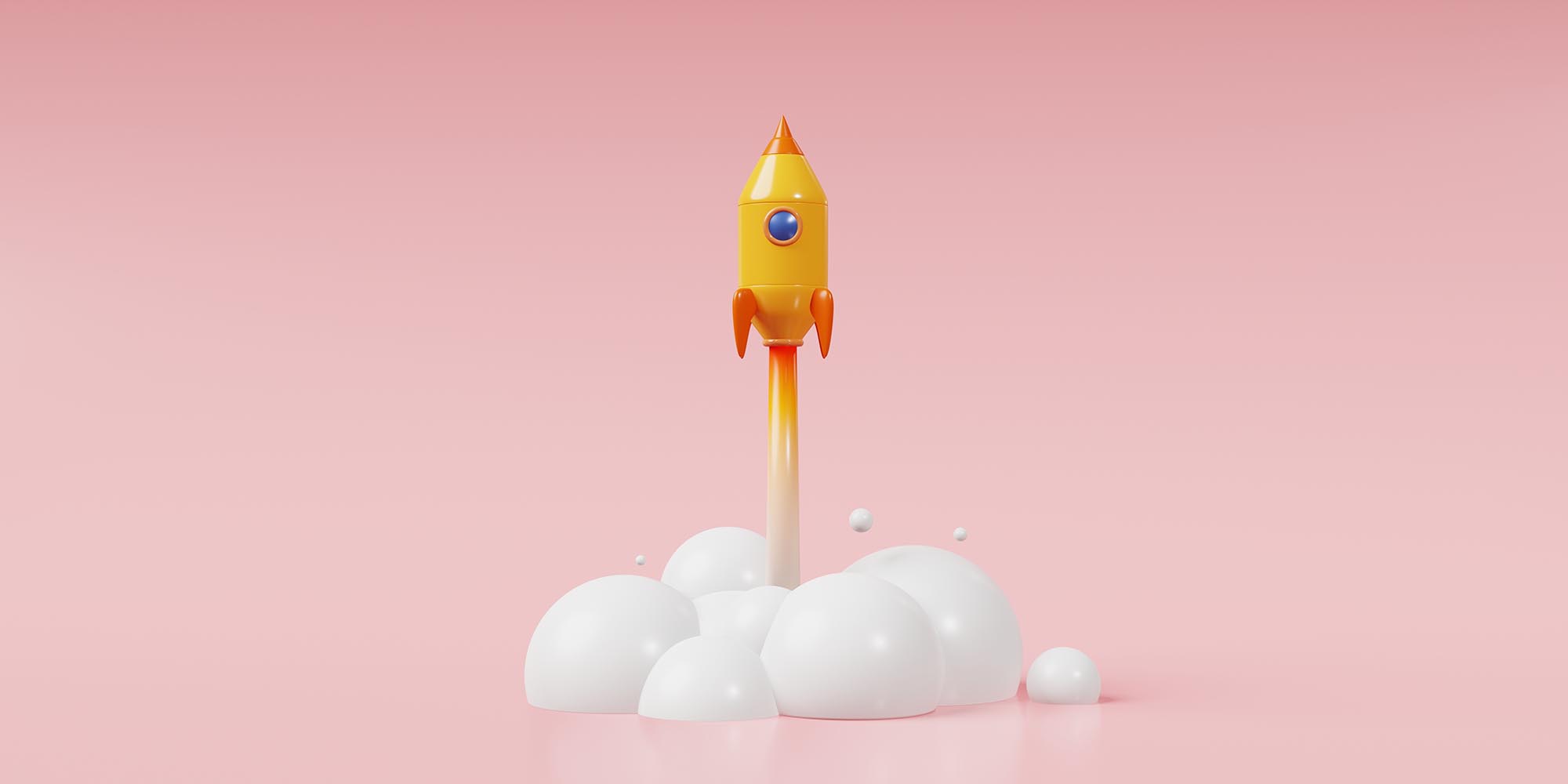 3d rendering illustration yellow spaceship rocket launch on pink background