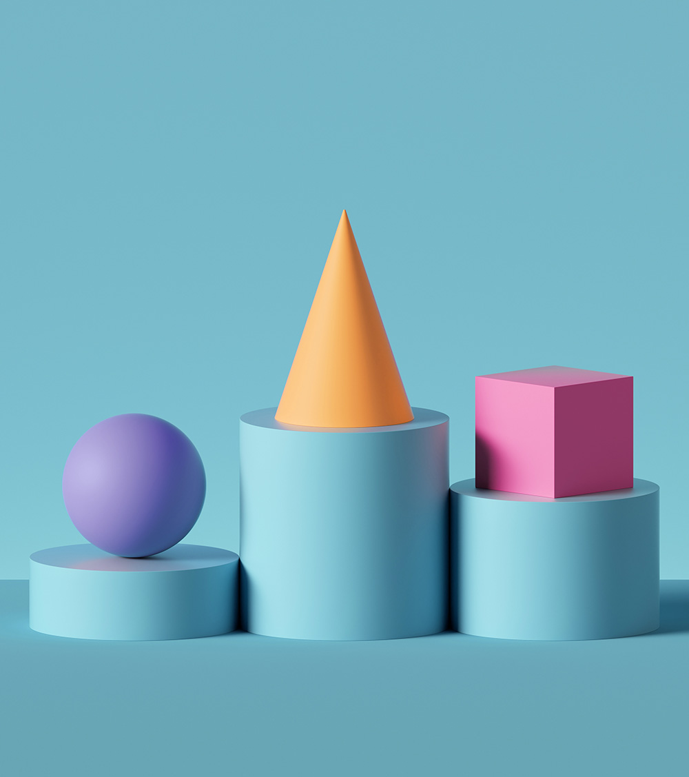 Violet ball, yellow cone, pink cube placed on blue cylinder pedestal steps