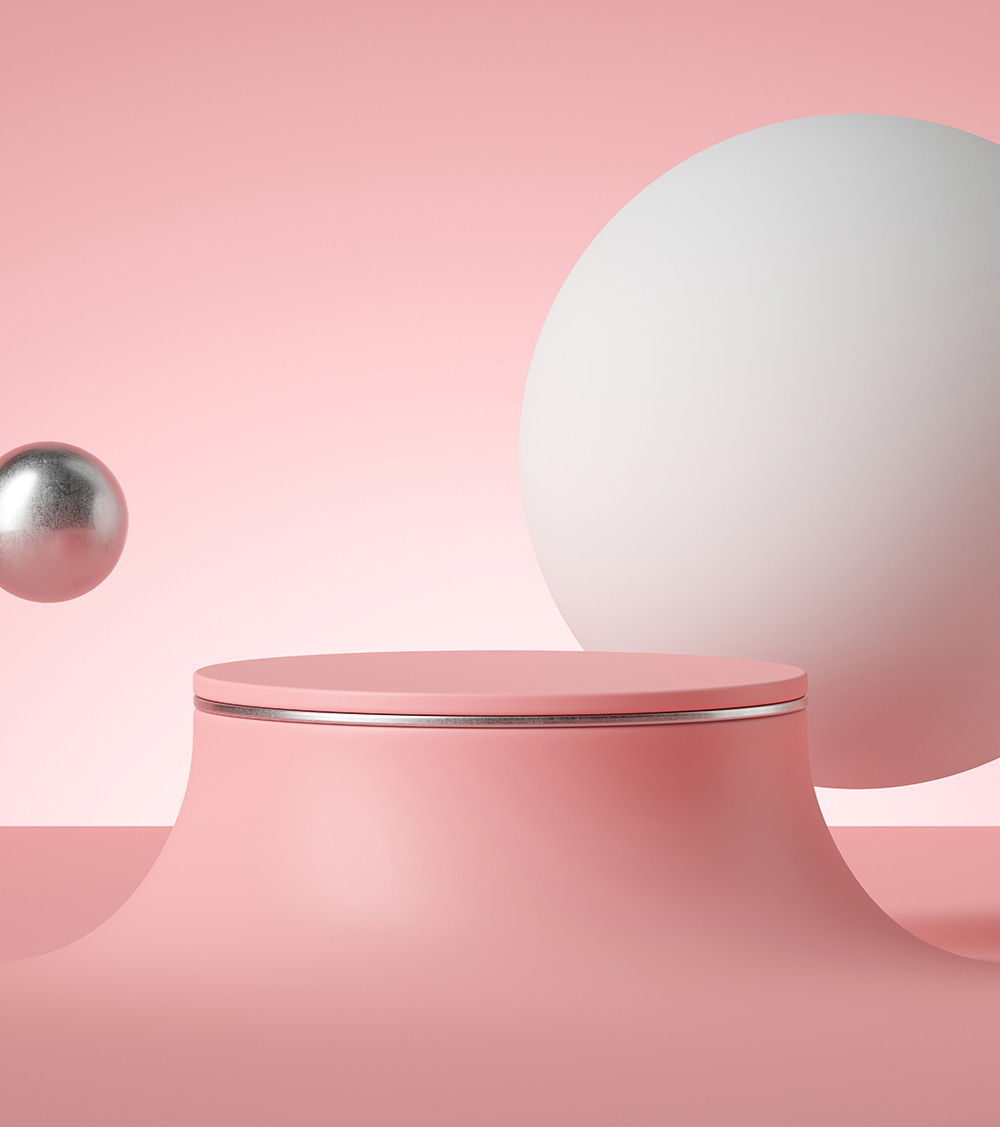 abstract minimal postmodern pink background, empty cylinder podium or round stage floating balls