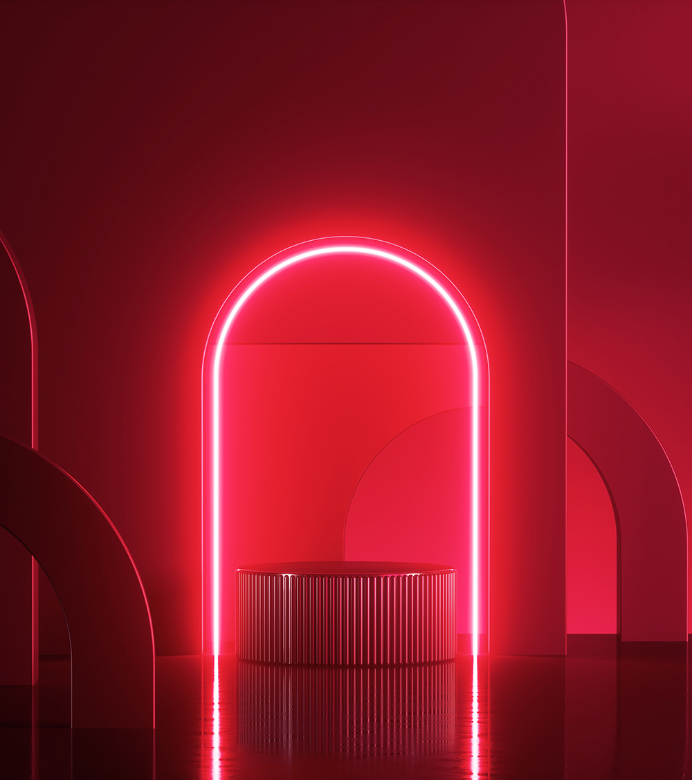 abstract modern red neon background. Shiny frame with copy space. Glowing round arch over cylinder podium