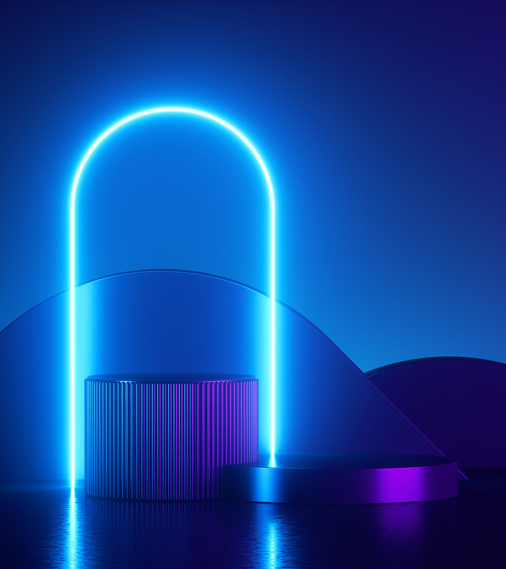 abstract trendy neon background, Round glowing arch over cylinder podium