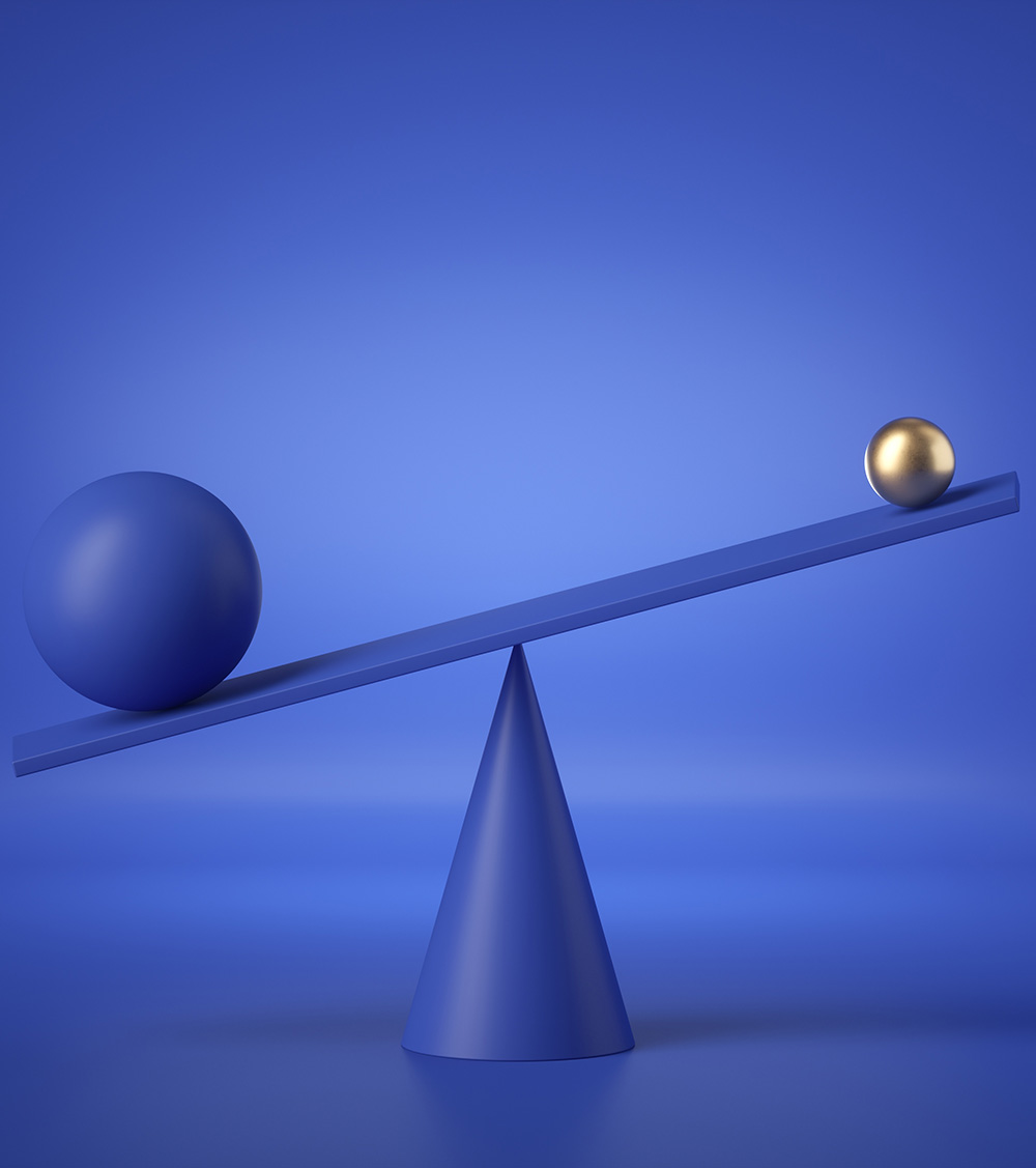 balancing blue and gold balls placed on weighing scales, abstract geometric primitive shapes isolated on blue background