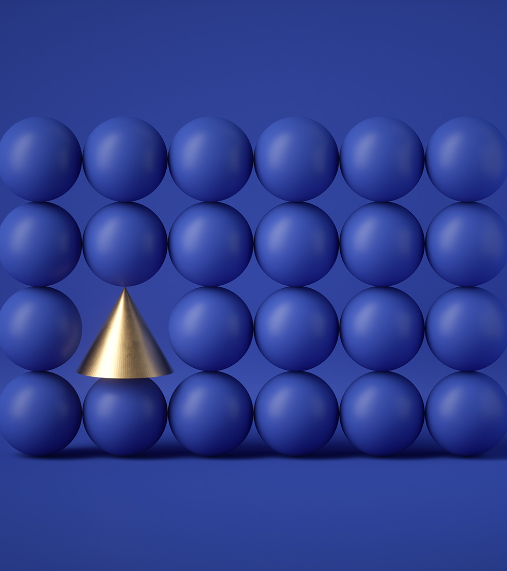 abstract geometric design: gold cone amongst blue balls isolated on blue background