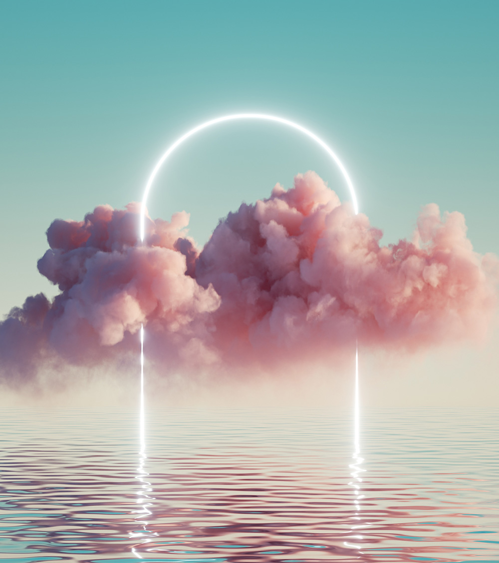 abstract background with pink cloud levitating inside bright glowing neon arch, with reflection in the water