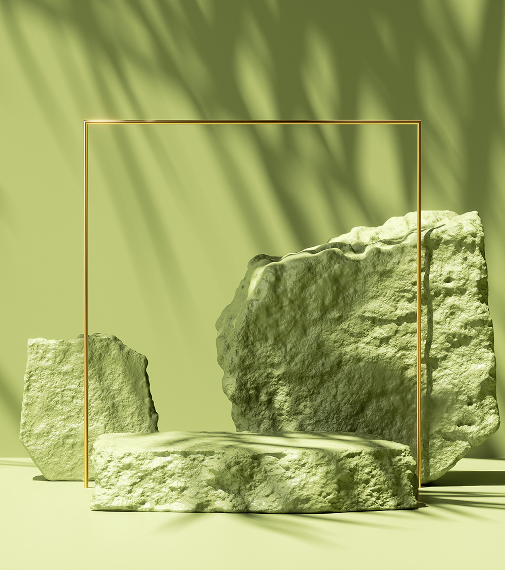 abstract green background with tropical leaves shadow and bright sunlight. Minimal scene with cobblestone podium and golden square frame cropped