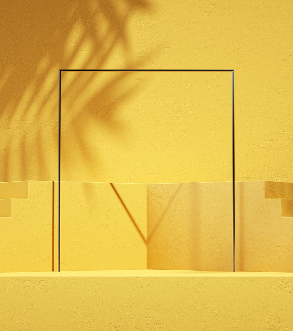 abstract sunny yellow background with steps, square frame, leaf shadows and bright sunlight
