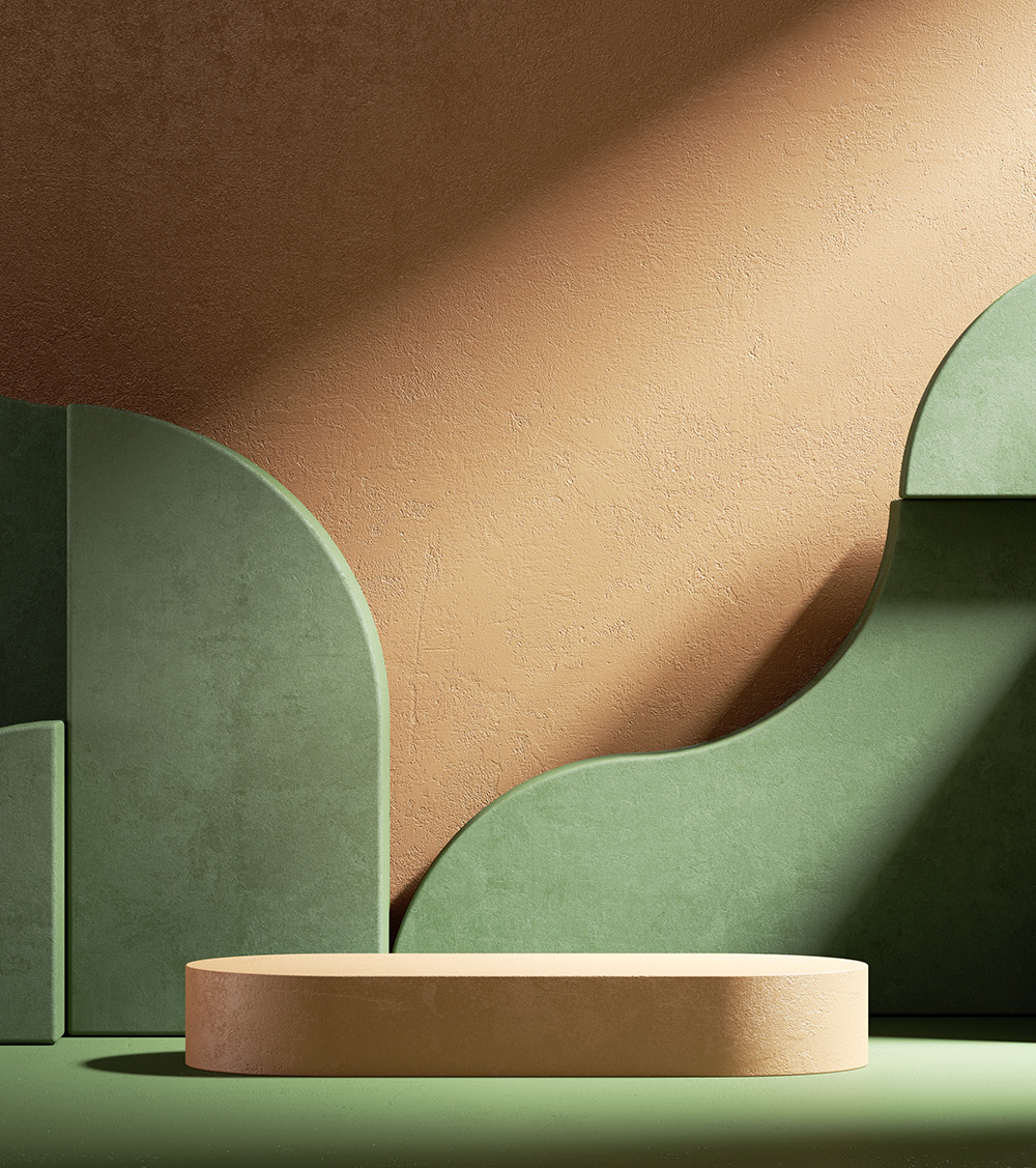 3d render, modern minimal showcase with empty podium and abstract green geometric shapes isolated on terracotta background