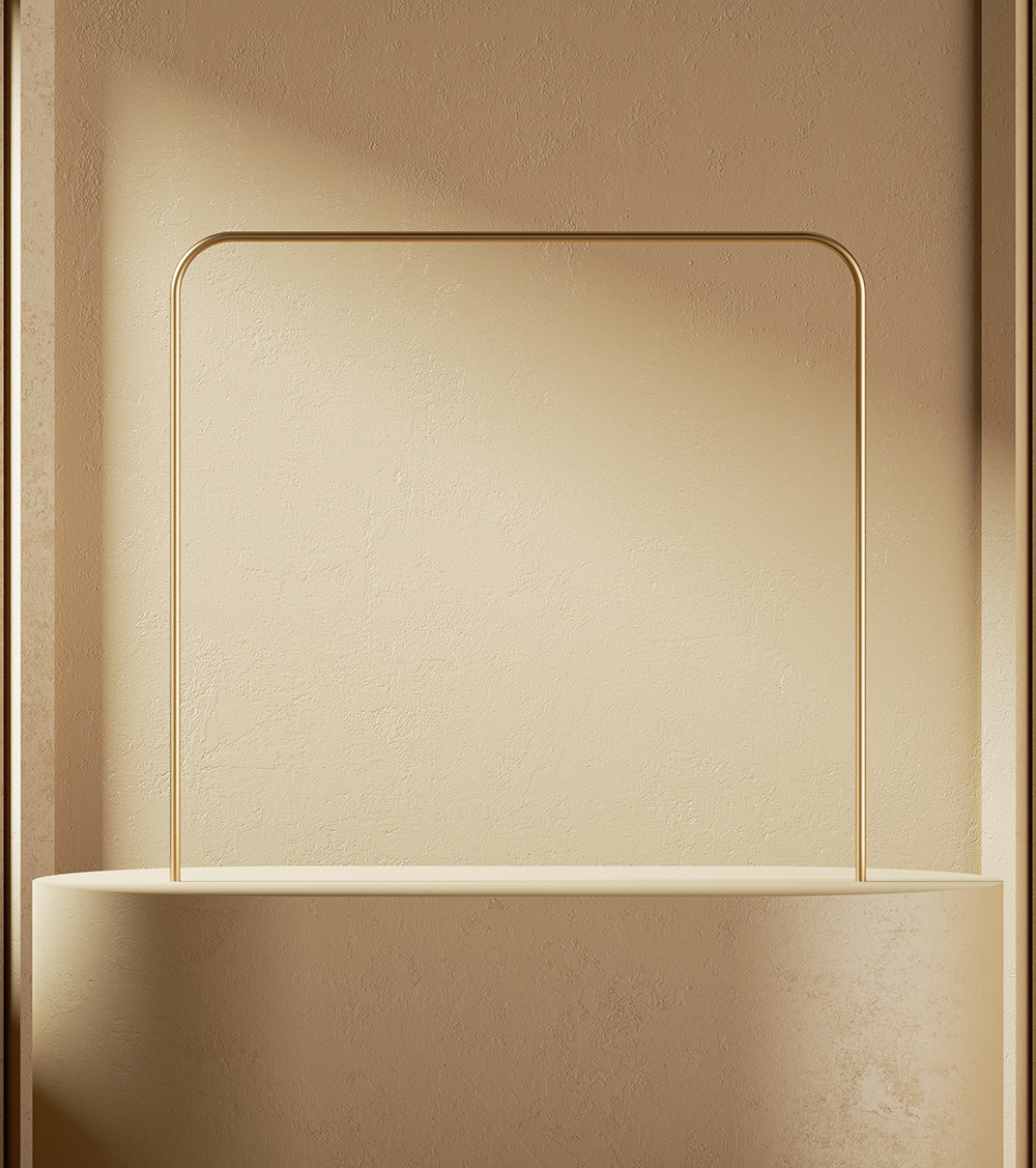 Abstract beige background with sunlight on the wall, square frame and empty podium.