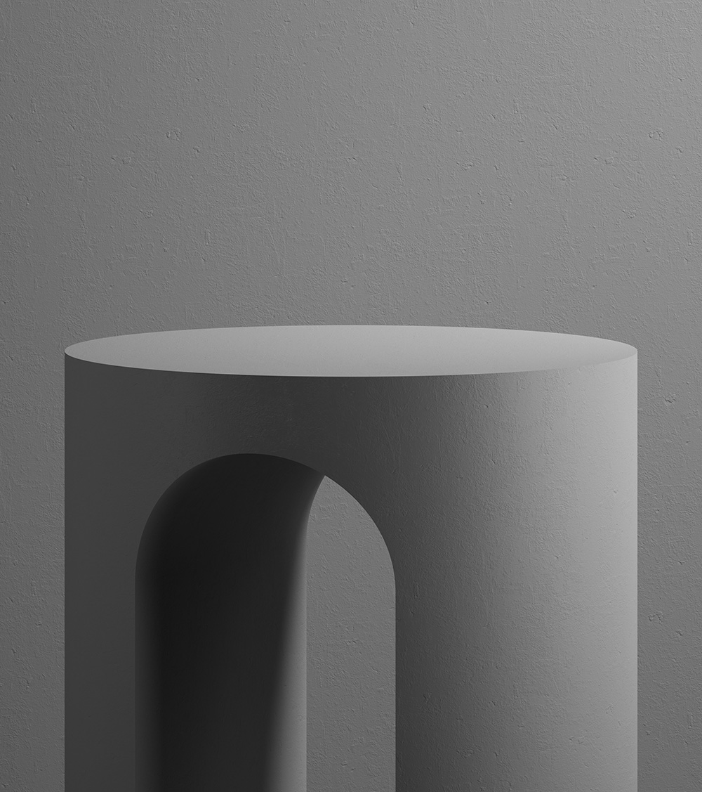 abstract minimal grey background with empty cylinder podium and arch niche