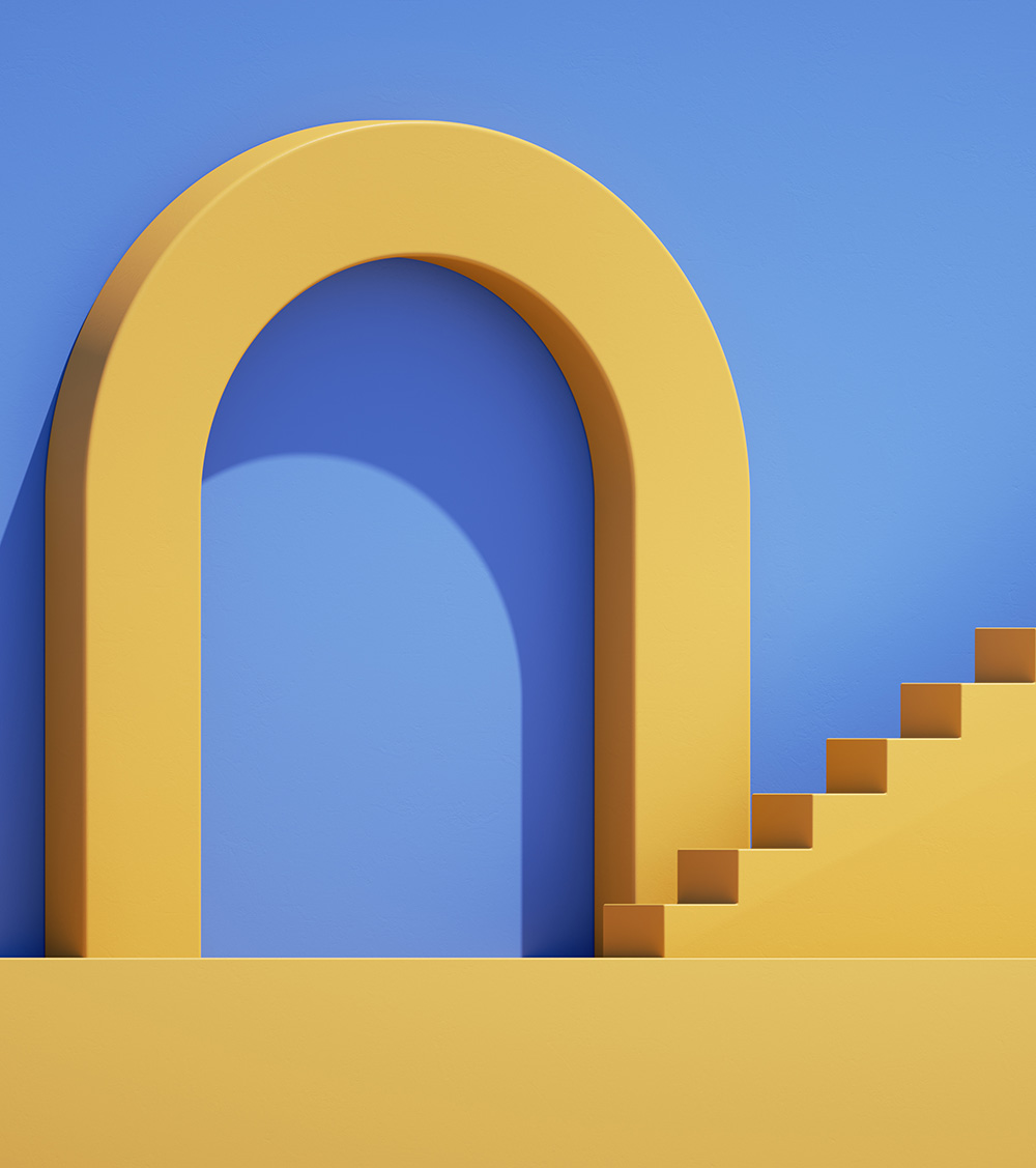 simple blue yellow background with geometric architectural elements. Minimal showcase scene with stairs and round arch