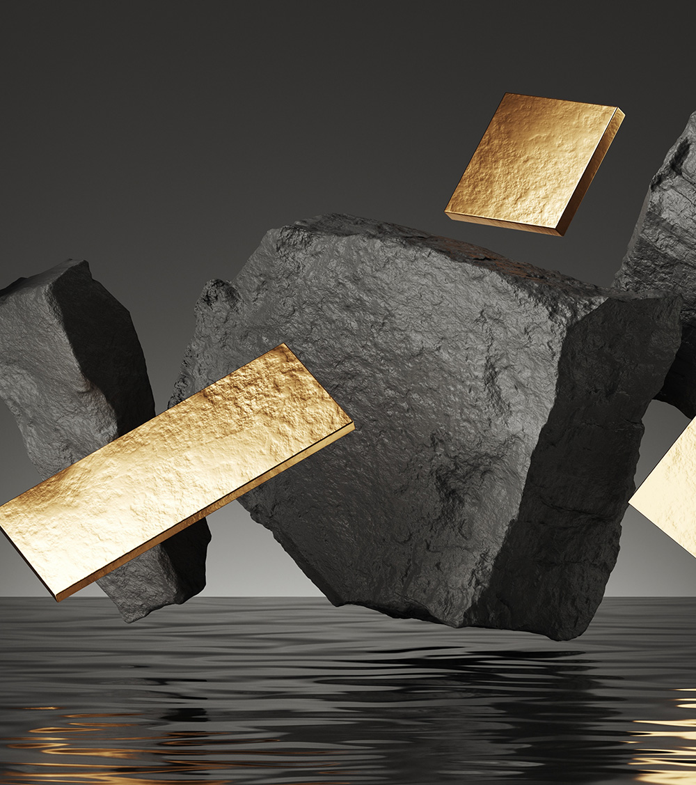 Gold geometric panels and black rocks levitate above the water with reflection