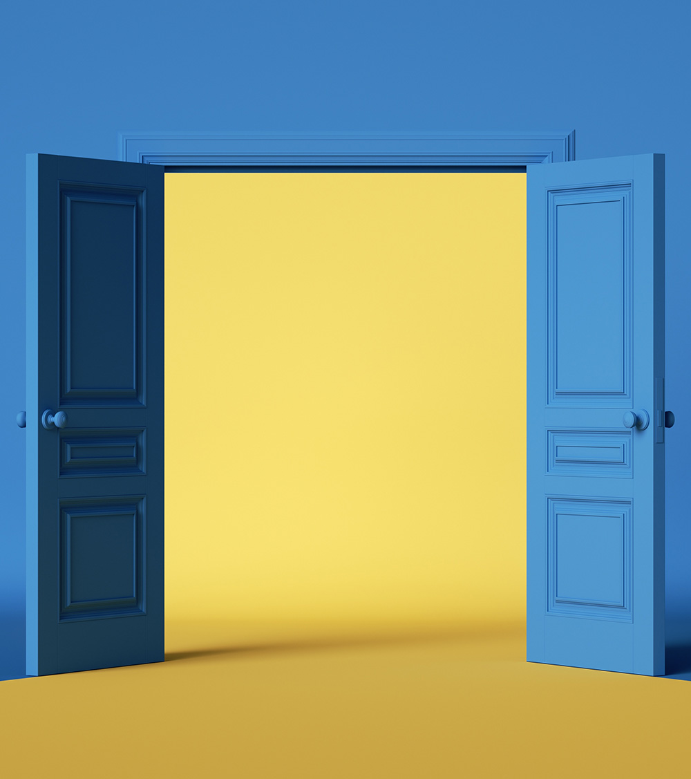 blue yellow background with double doors opening. Architectural design element cropped