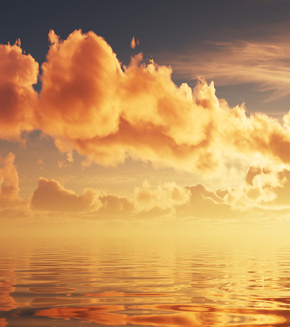 abstract landscape background, seascape sunset, golden sunlight and clouds above the calm water