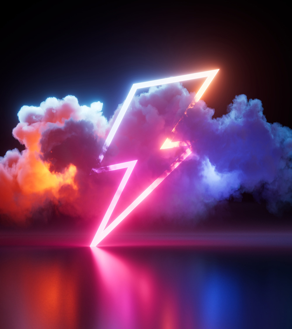 abstract minimalist background. Colorful cloud and neon lightning symbol. Stormy cumulus with glowing thunder sign
