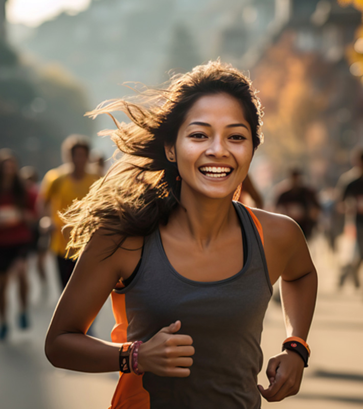 Woman smiling while racing others