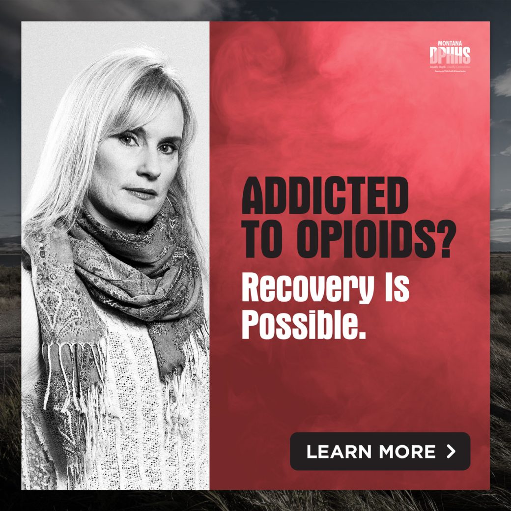 Addicted to Opioids? Recovery is Possible. Advertisement with woman