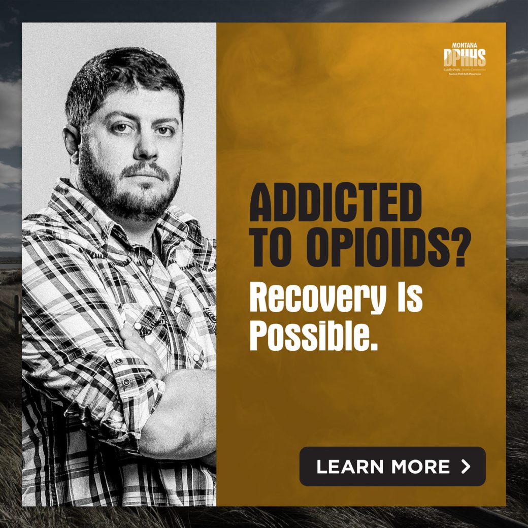 Addicted to Opioids? Recovery is Possible. Advertisement with a male.