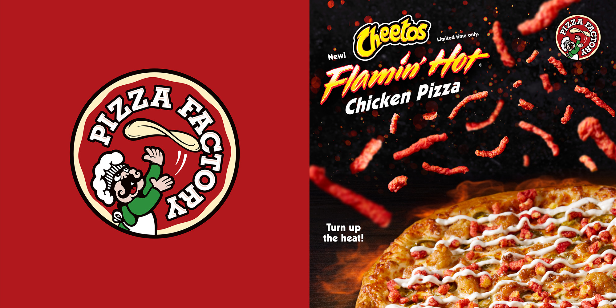 Pizza factory logo and advertisement for flamin hot chicken pizza