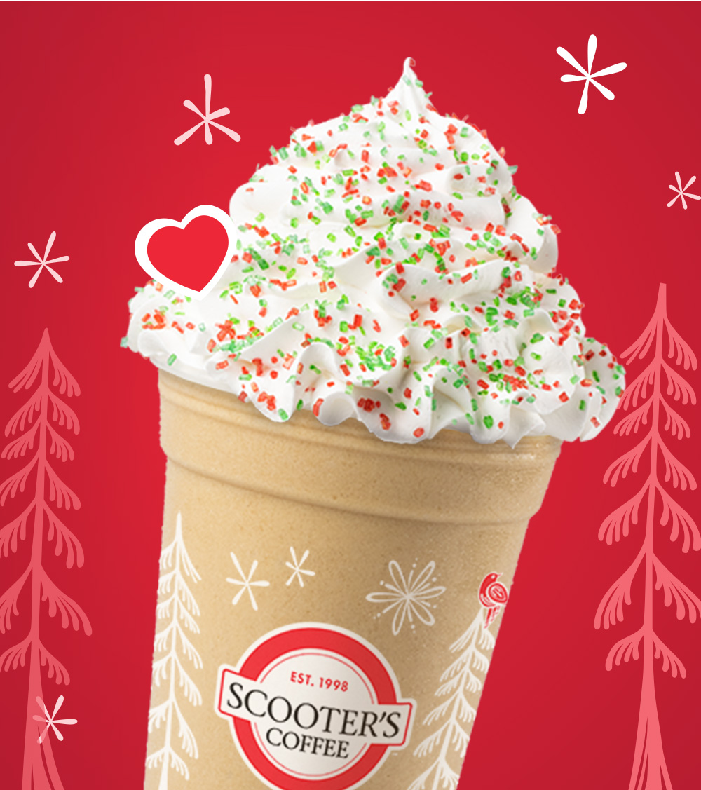 Close up shot of the frozen frappe from Scooters with red and green sprinkles