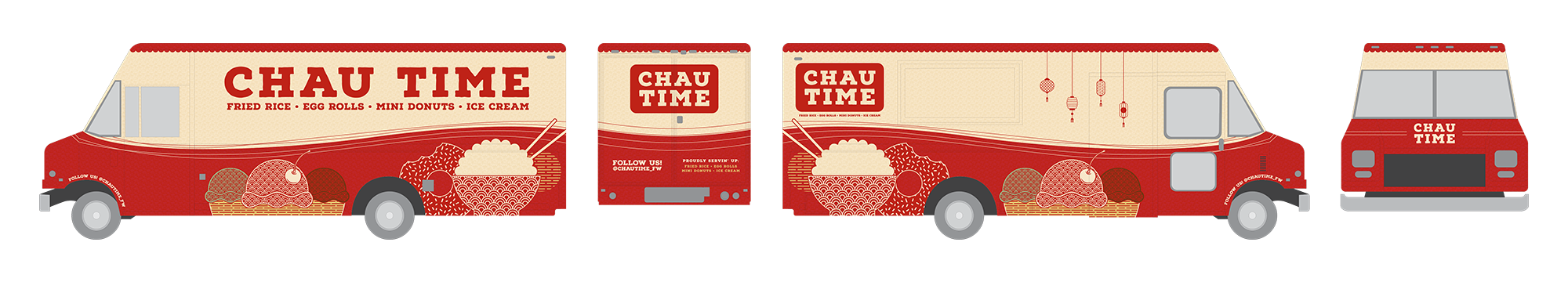 Vector design of Chau Time food truck at four different angles