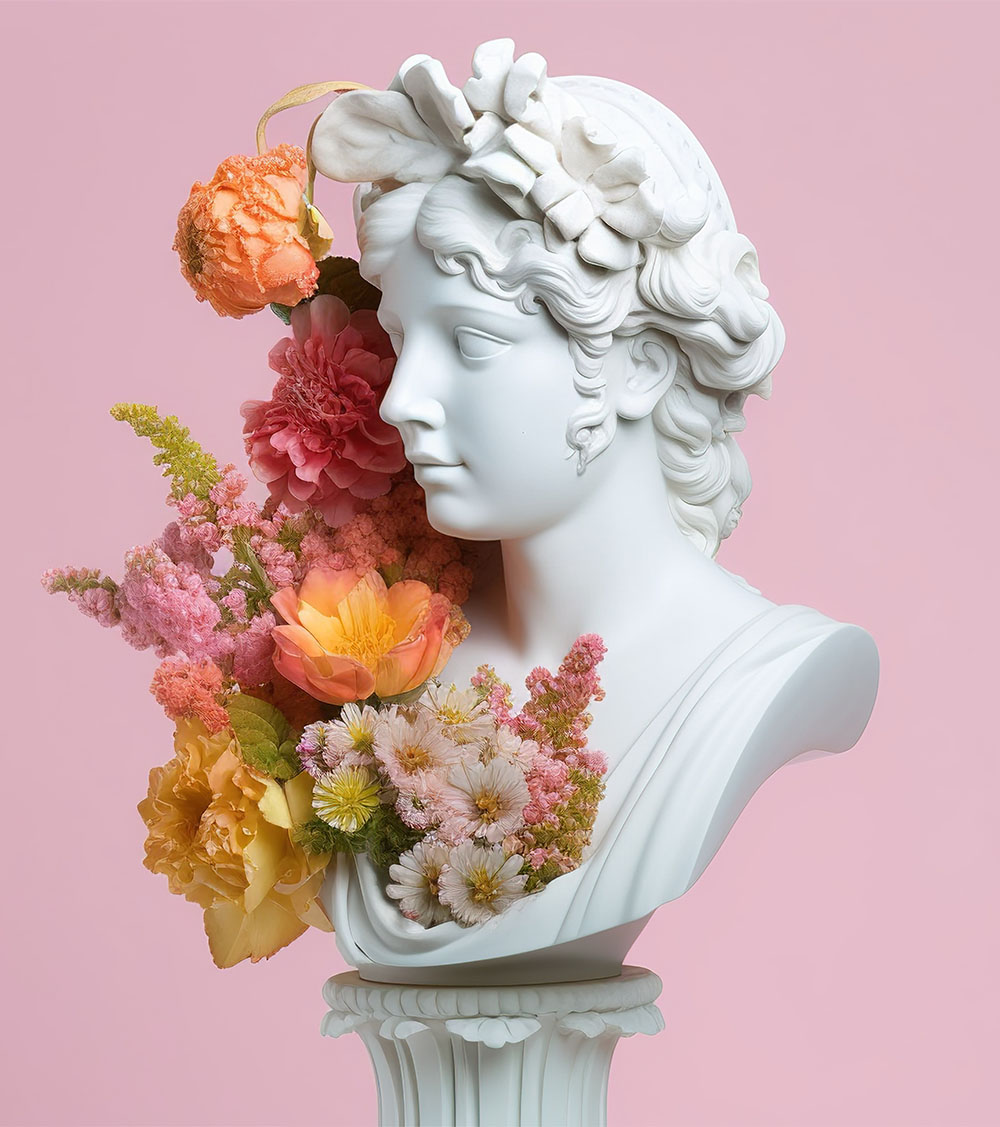 Sculpture of a female bust in antique (Greek, Roman) style with blooming flowers.