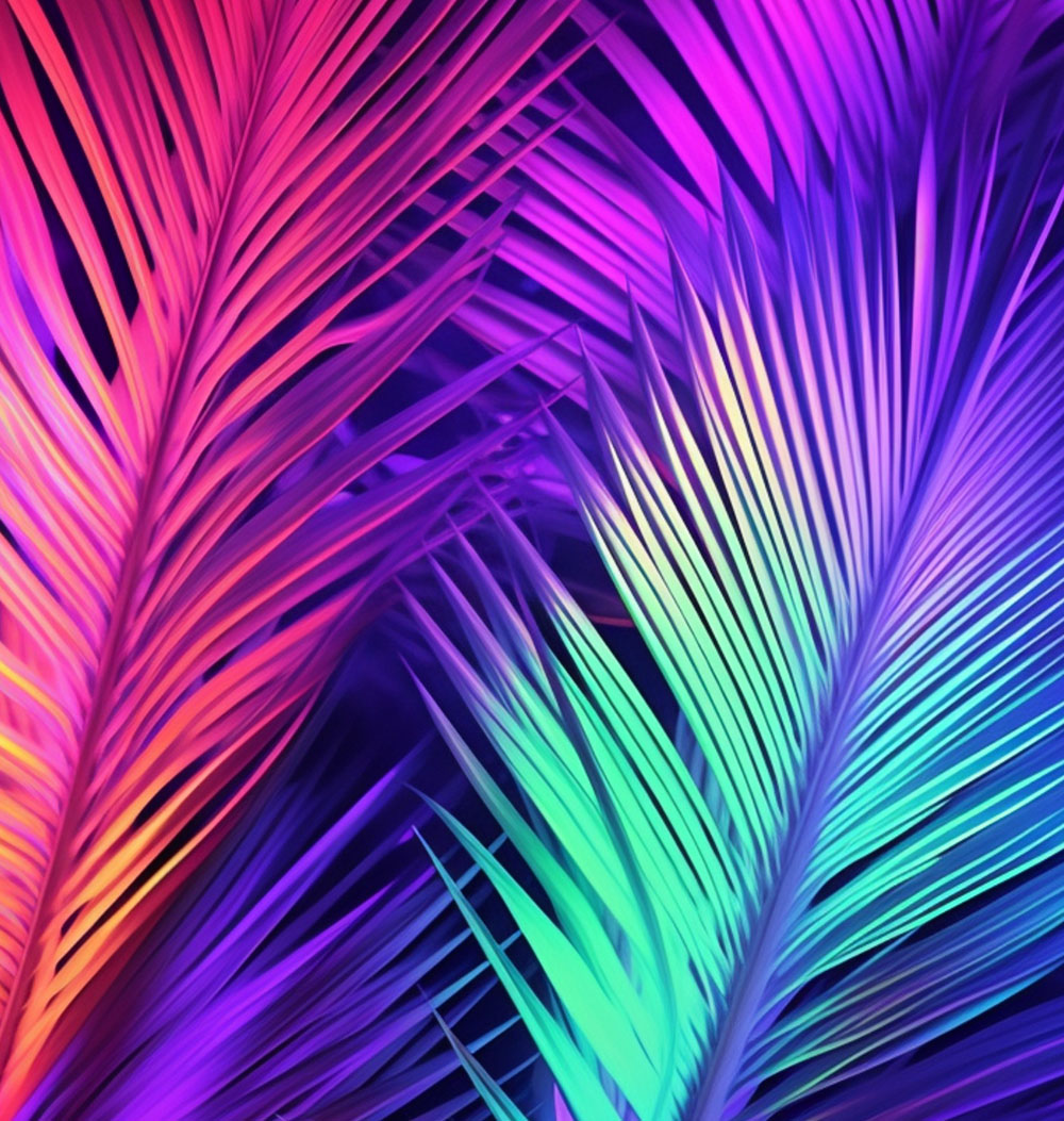Tropical and palm leaf patterns in dazzling holographic gradient colors.