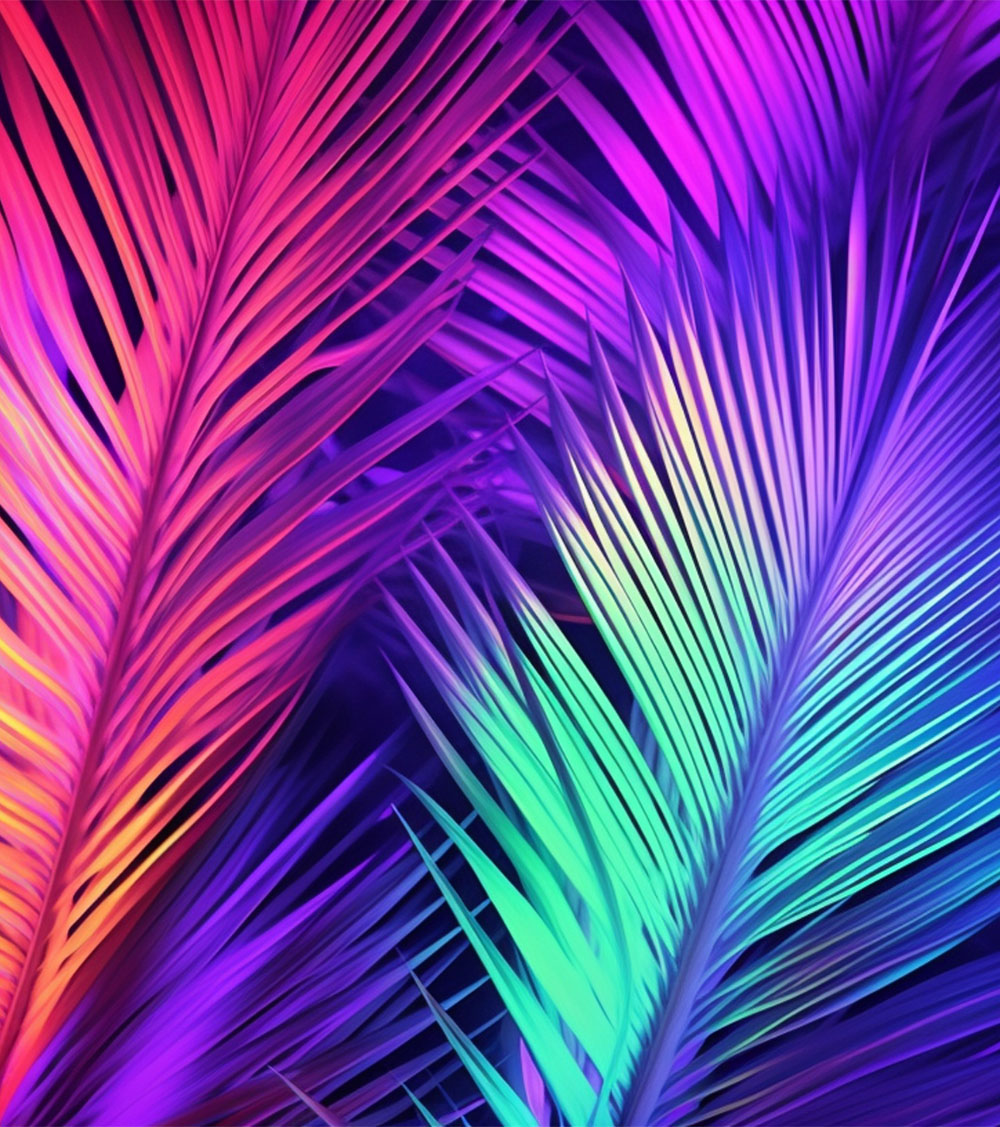 Tropical and palm leaf patterns in dazzling holographic gradient colors.