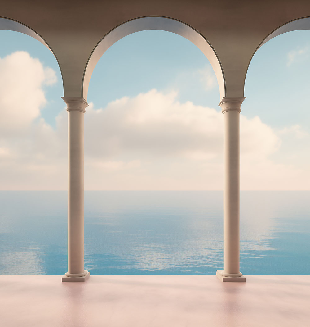 Empty pink room with arches and pillars - calming ocean view - peaceful lucid dream aesthetics - minimalist Architecture design - Contemporary Interior style with modern simplicity.