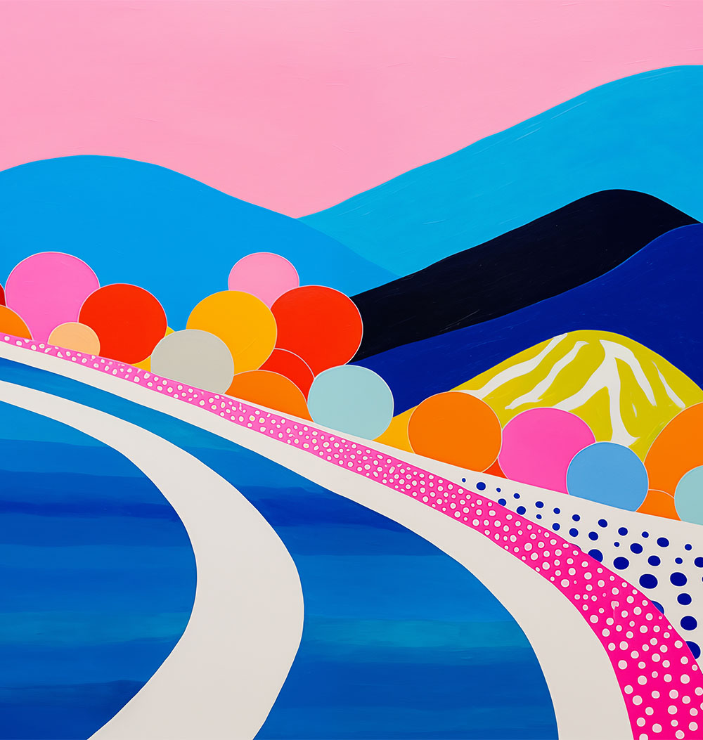 An abstract, vibrant colourful landscape, consists of soft shapes in shades of pink, purple, yellow and blue. The shapes are layered on top of one another. Dreamy, minimalist and surreal feel.