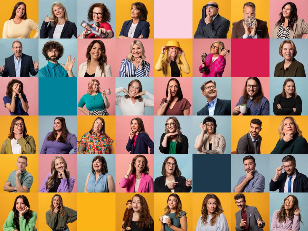 Grid of Asher employee photos, people are on colorful backdrops with fun expressions and poses.