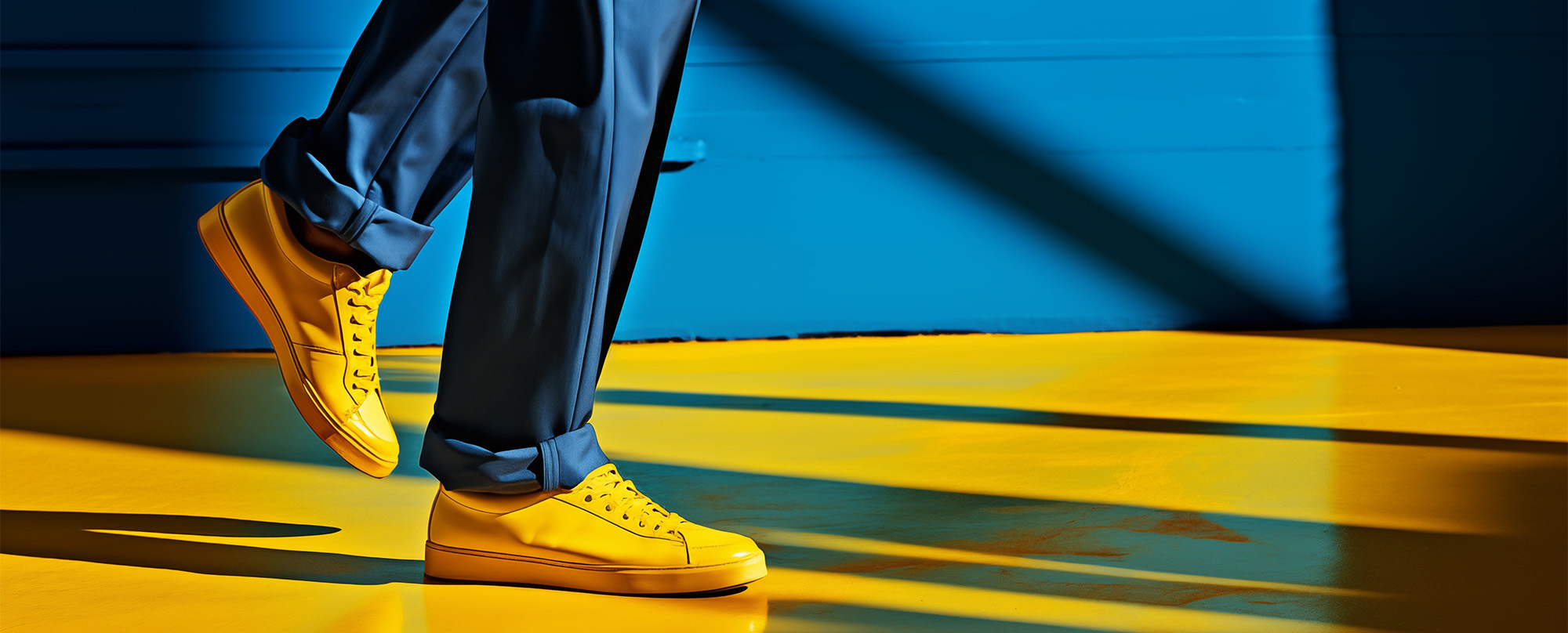 Legs of a man wearing blue trousers and yellow shoes, walking on yellow floor with blue background.