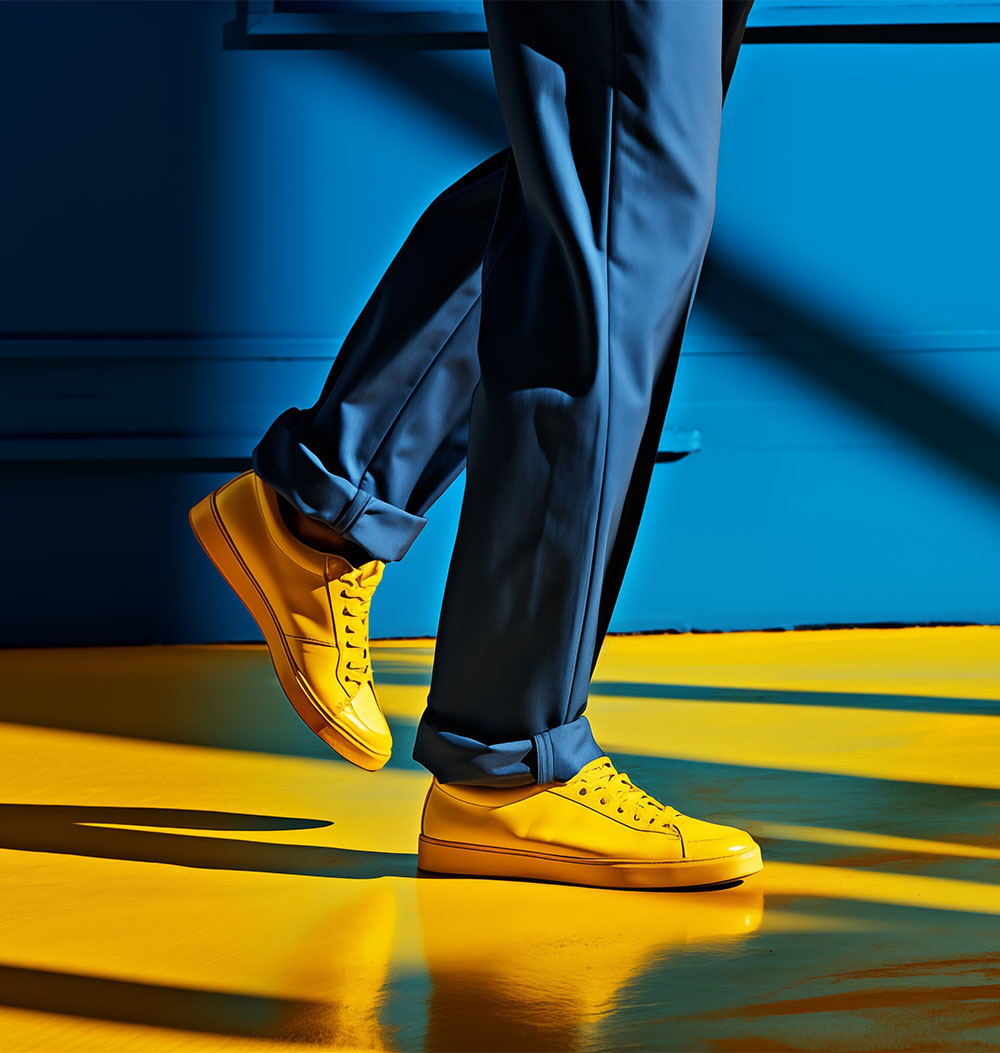 Legs of a man wearing blue trousers and yellow shoes, walking on yellow floor with blue background.