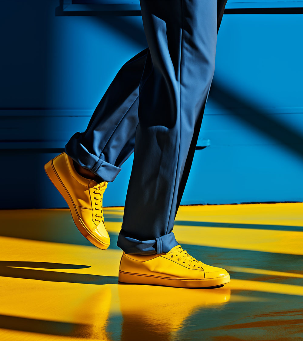 Legs of a man wearing blue trousers and yellow shoes, walking on yellow floor with blue background.