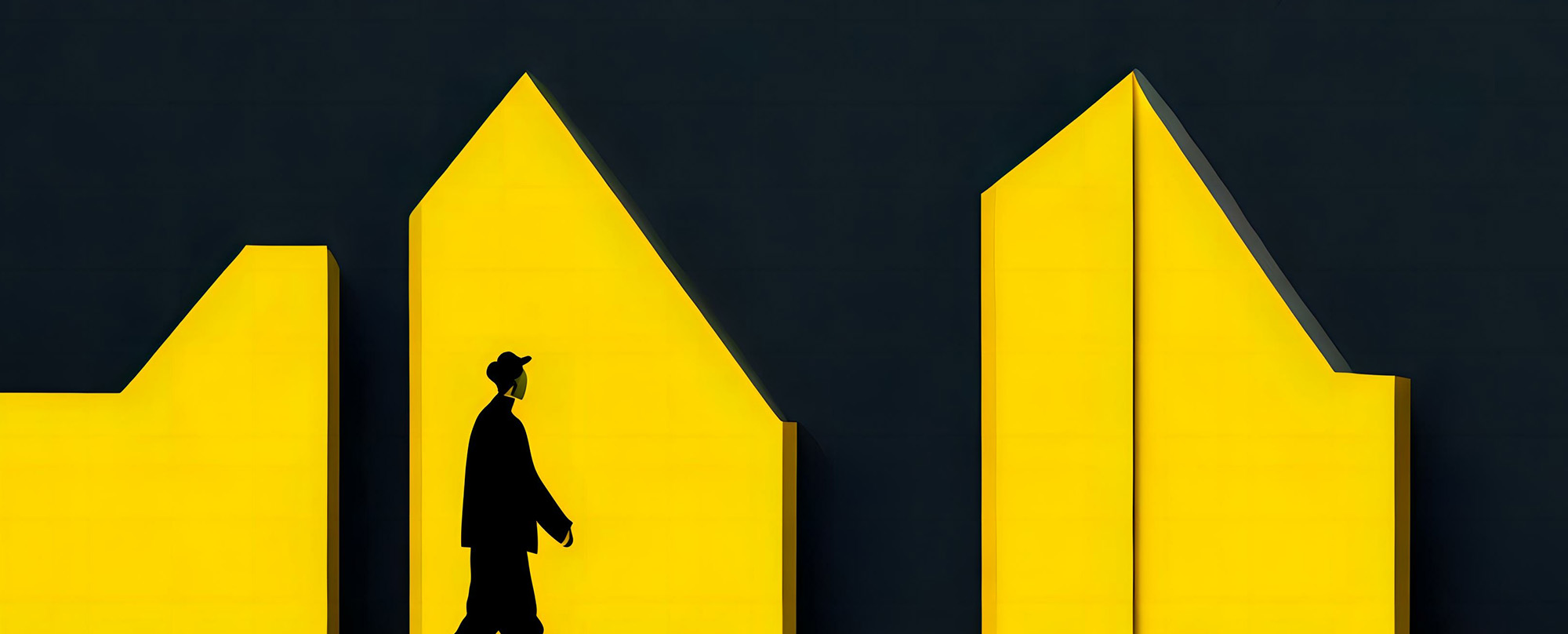 A man walking by a yellow wall tree, minimalist art