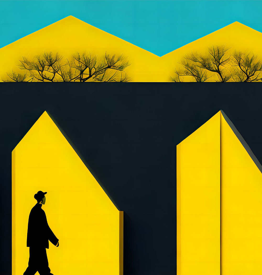 A man walking by a yellow wall tree, minimalist art