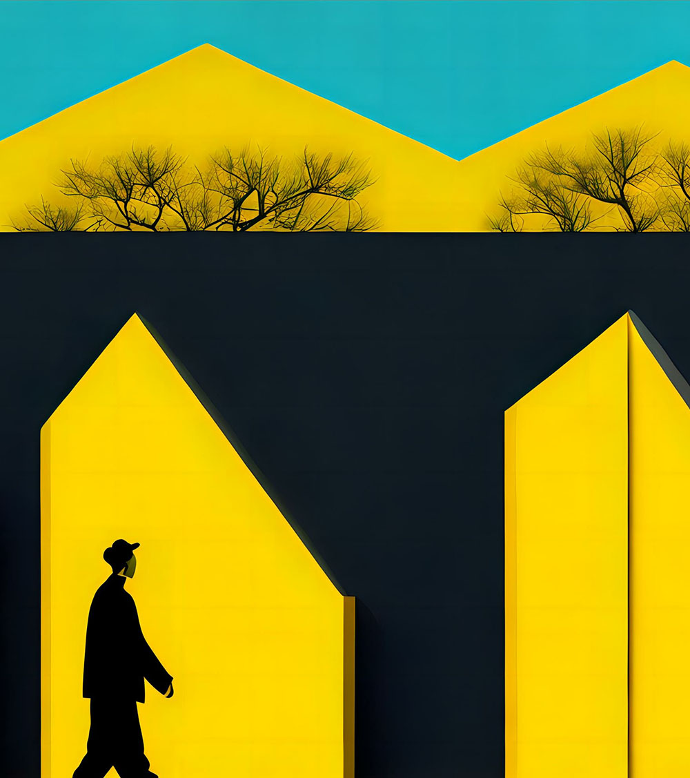 A man walking by a yellow wall tree, minimalist art