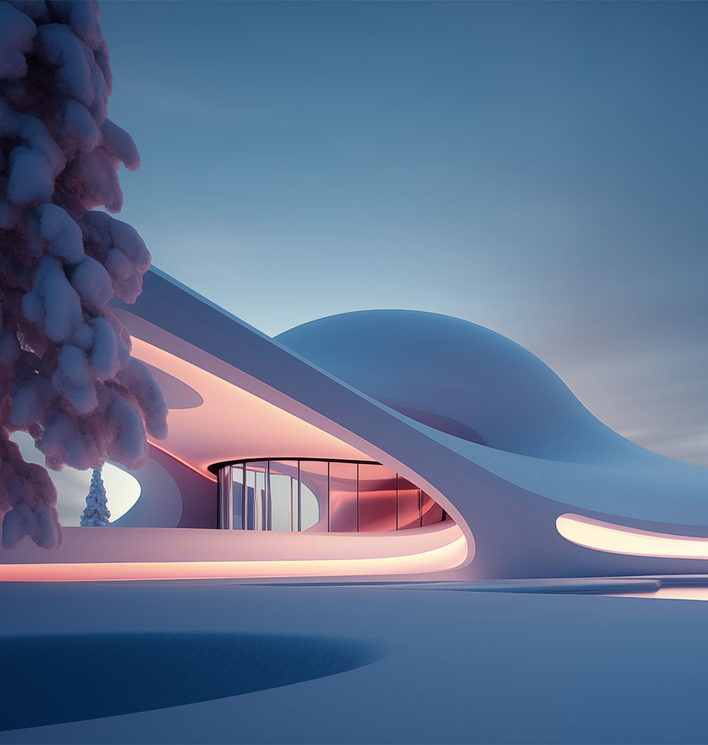 Abstract futuristic fantasy of winter bionic shapes of snowy architecture with pink neon backlighting on early Christmas morning