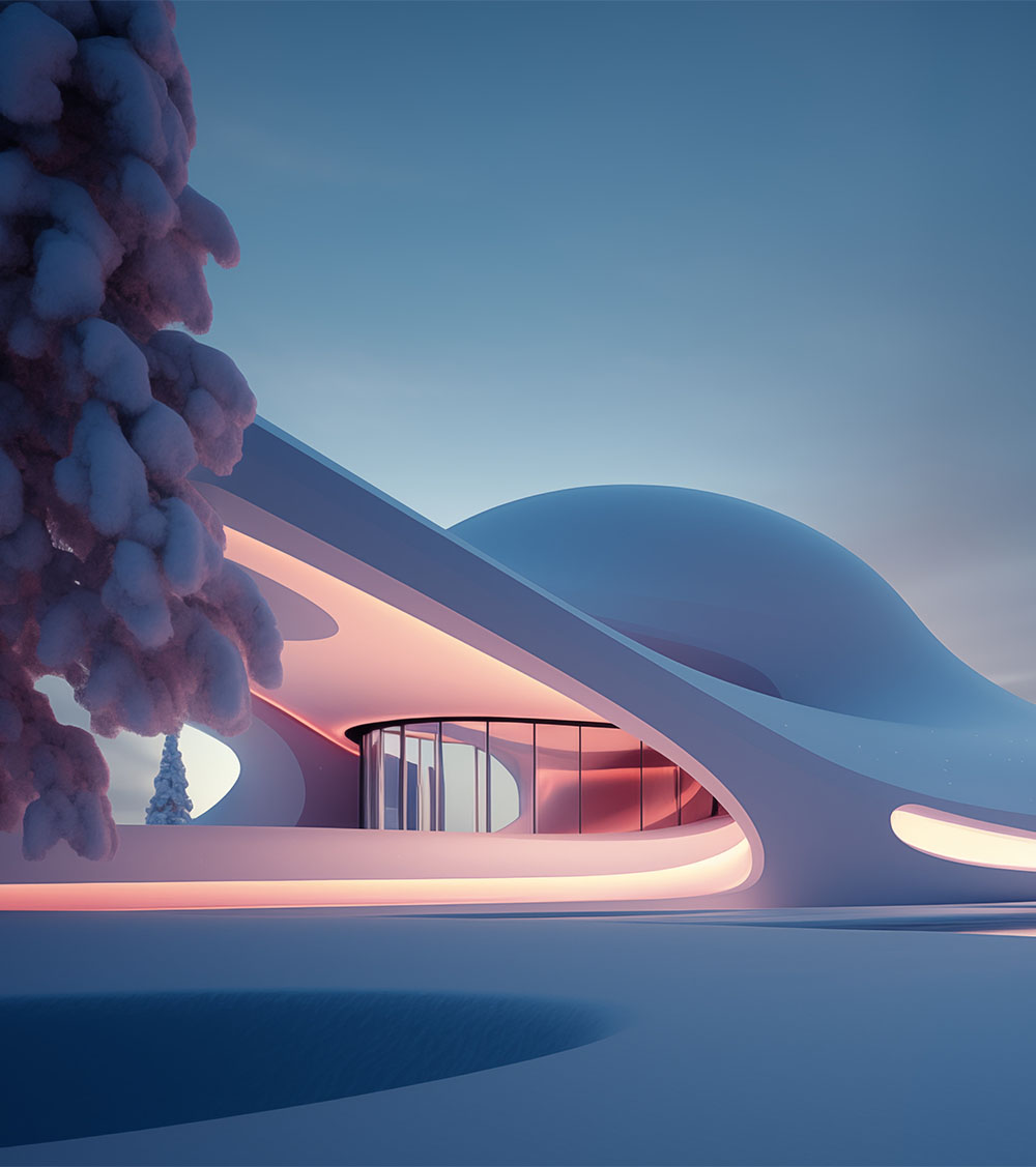 Abstract futuristic fantasy of winter bionic shapes of snowy architecture with pink neon backlighting on early Christmas morning