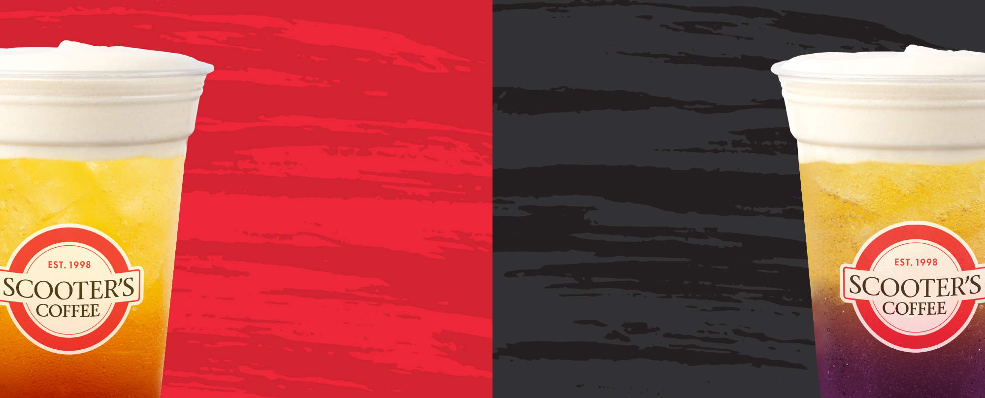 two fruity drinks from Scooter's Coffee against a red and black background