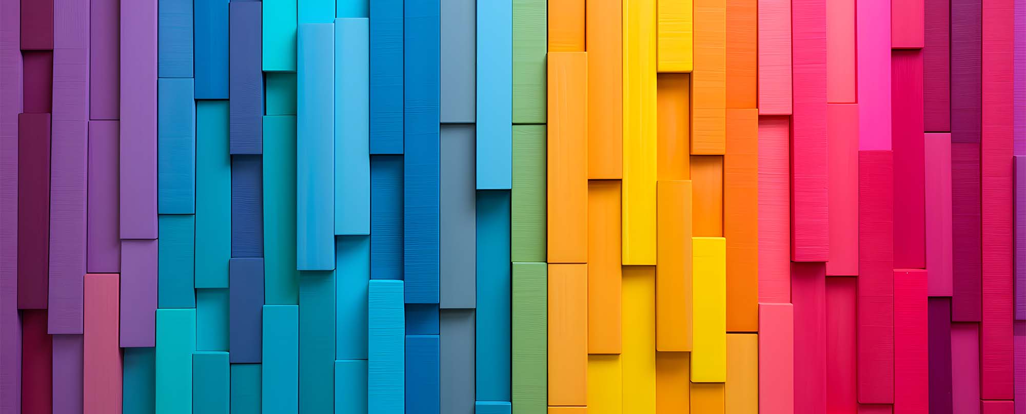 A modern and artistic display of vertical panels arranged in a gradient, transitioning from warm yellow to cool purple tones