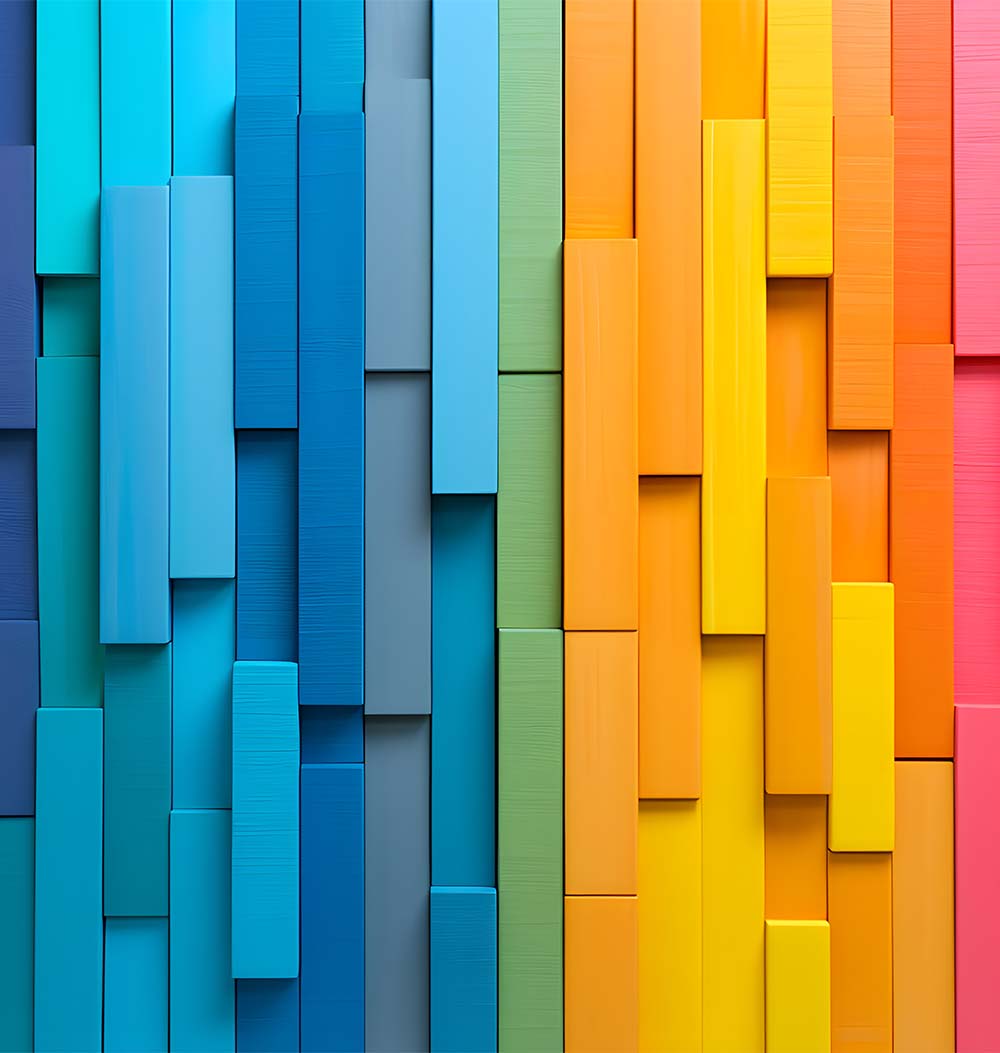 A modern and artistic display of vertical panels arranged in a gradient, transitioning from warm yellow to cool purple tones