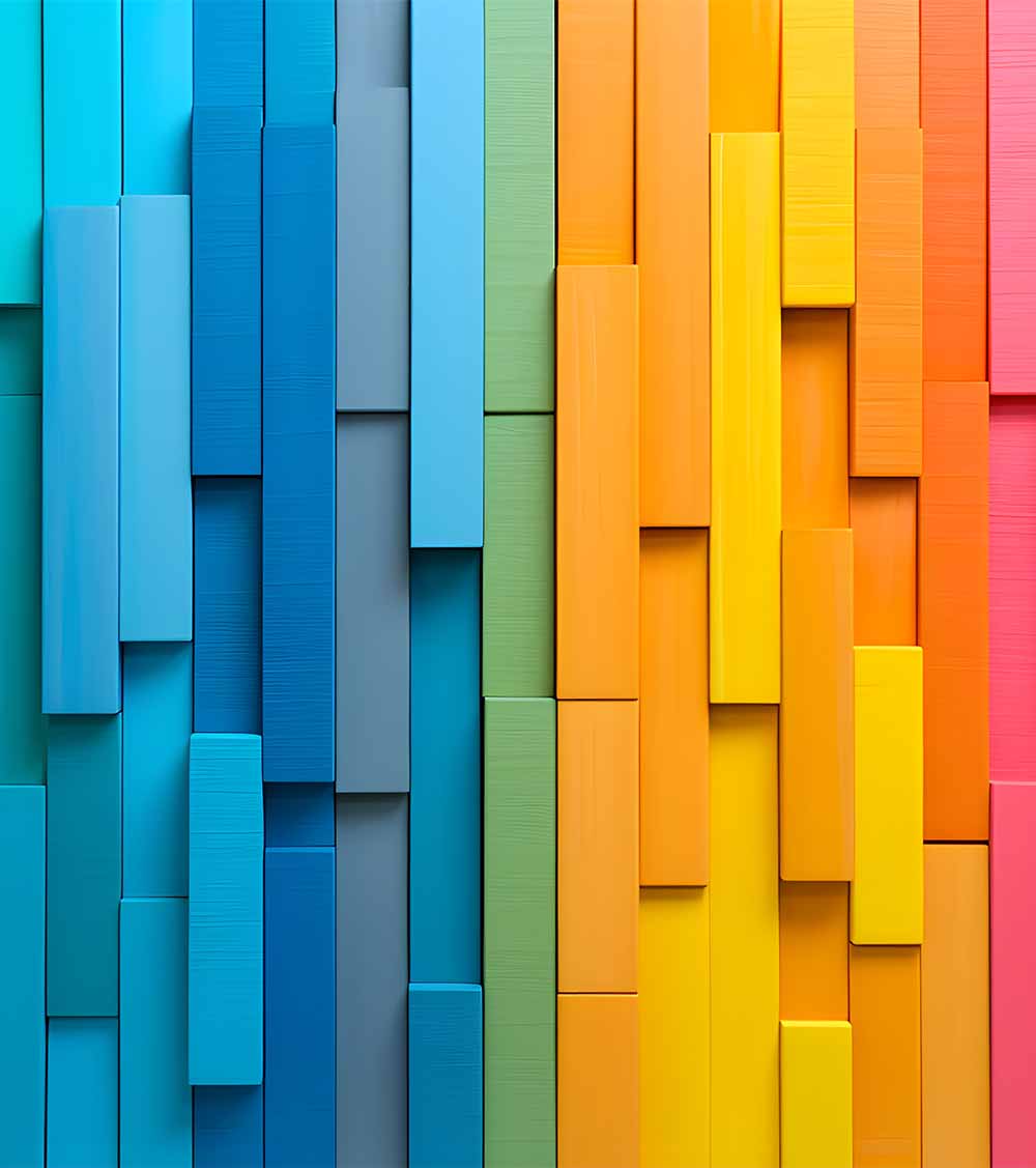 A modern and artistic display of vertical panels arranged in a gradient, transitioning from warm yellow to cool purple tones