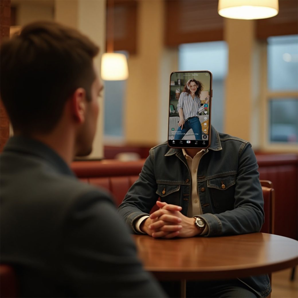 A realistic image of a speed dating scene, viewed from over the shoulder of a normal human sitting at a small round table. The viewer sees the back of the human's head and shoulders in soft focus, with the main focus on the person sitting across from them — a surreal figure with a sleek, modern smartphone instead of a head. The phone-headed person is dressed in casual date attire and is seated upright, as if engaged in conversation. The setting is a warmly lit café or bar, with background blur to emphasize the subject.
