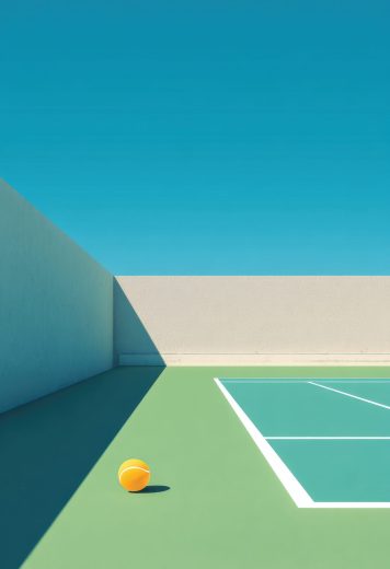 yellow tennis ball on a tennis court with bright blue sky