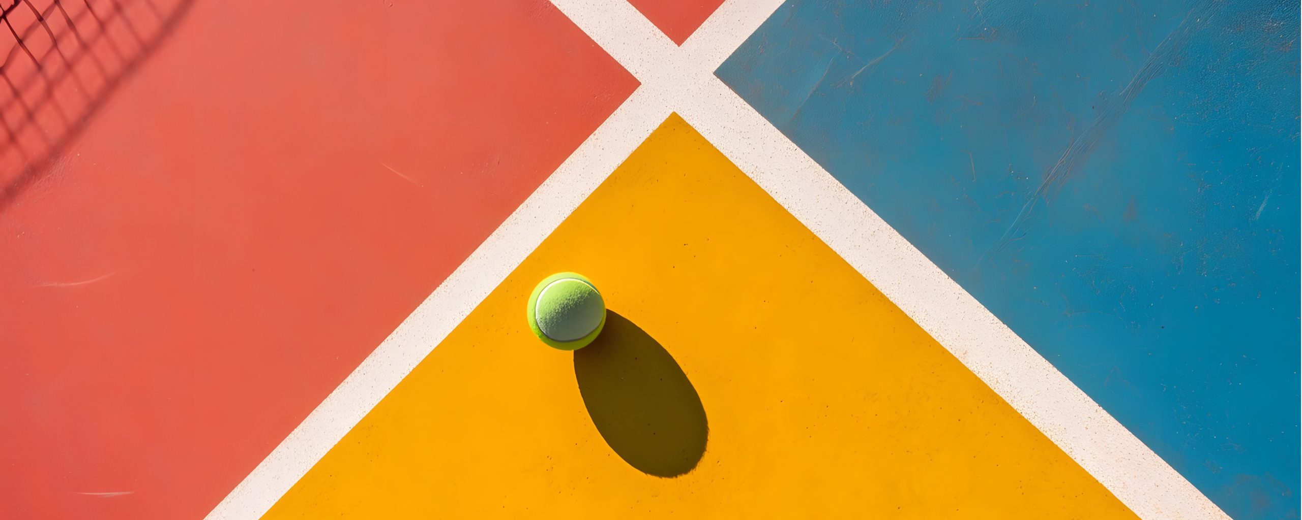 tennis ball casting a shadow on bright colored pink, yellow, and blue court